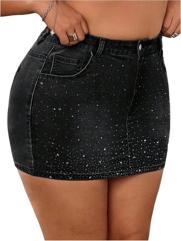 MakeMeChic Women's Plus Size Bodycon Denim Mini Skirt Rhinestone High Waisted Summer Y2K Jean Skirts in Kuwait