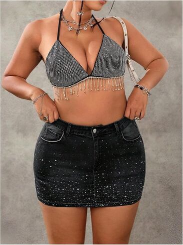 MakeMeChic Women's Plus Size Bodycon Denim Mini Skirt Rhinestone High Waisted Summer Y2K Jean Skirts in Kuwait