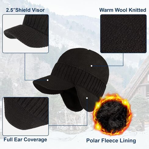 Century Star Mens Winter Hat with Visor & Earflaps,Outdoor Elastic Warm Knitted Fleece Sport Golf Baseball Beanie Cap in Saudi Arabia