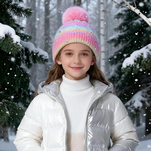 Kids Winter Knit Hat with Pompom - Sparkly Sequin & Pearl Rhinestone Beanie, Warm Ski Cap for Boys & Girls Ages 3-14 in Saudi Arabia