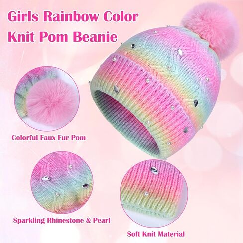 Kids Winter Knit Hat with Pompom - Sparkly Sequin & Pearl Rhinestone Beanie, Warm Ski Cap for Boys & Girls Ages 3-14 in Saudi Arabia