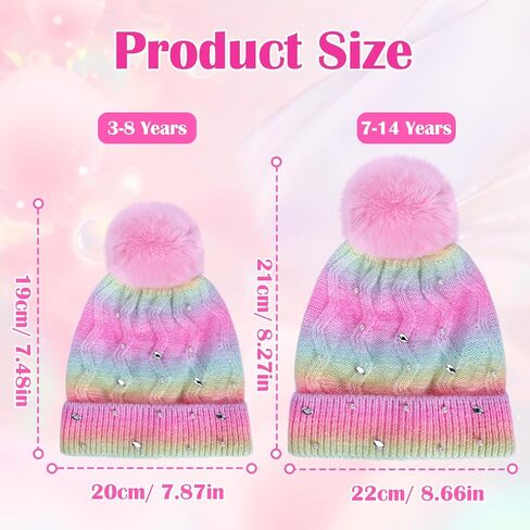 Kids Winter Knit Hat with Pompom - Sparkly Sequin & Pearl Rhinestone Beanie, Warm Ski Cap for Boys & Girls Ages 3-14 in Saudi Arabia