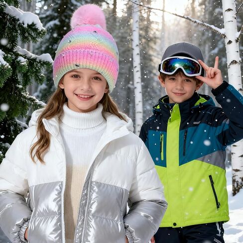Kids Winter Knit Hat with Pompom - Sparkly Sequin & Pearl Rhinestone Beanie, Warm Ski Cap for Boys & Girls Ages 3-14 in Saudi Arabia
