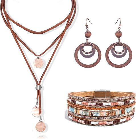 Misdary 3 Pcs Rustic Western Jewelry for Women Cowgirl Jewelry Set Turquoise Necklace Earrings Cuff Bangle Bohemian Bracelet for Women in Saudi Arabia