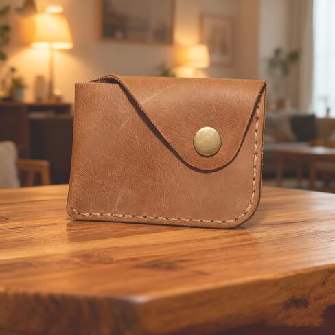 Genuine Leather Card Slots Snap Button Closure Minimalist Card Case Wallet Front Pocket Card Organizer Blue in Kuwait
