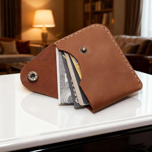 Genuine Leather Card Slots Snap Button Closure Minimalist Card Case Wallet Front Pocket Card Organizer Blue in Kuwait