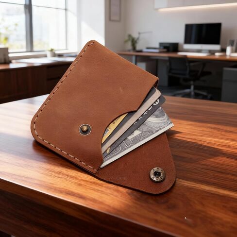 Genuine Leather Card Slots Snap Button Closure Minimalist Card Case Wallet Front Pocket Card Organizer Blue in Kuwait