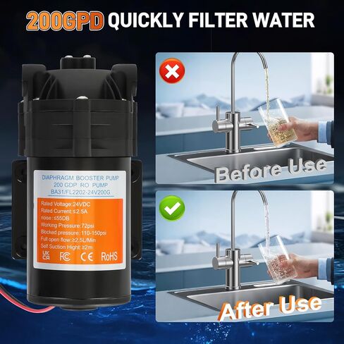 2025 Upgraded Betollo 6800 Booster Pump Kit, Suitable for Household Reverse Osmosis Water Filtration System Standards or Manifolds up to 100 GPD,Bring a High-Voltage Switch in Saudi Arabia