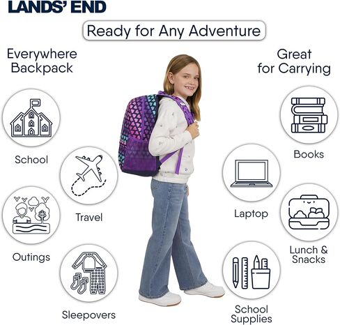 حقيبة ظهر مدرسية متينة وخفيفة الوزن للجنسين من Lands' End للجنسين للأولاد والبنات الابتدائية، شامبراي in Saudi Arabia