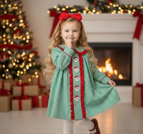 Toddler Baby Girl Christmas Outfit Doll Collar Smocked Dress Christmas Tree Embroidery Dresses Cute Holiday Clothes in Saudi Arabia