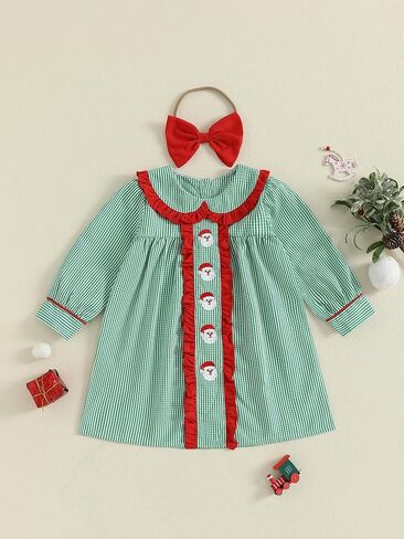 Toddler Baby Girl Christmas Outfit Doll Collar Smocked Dress Christmas Tree Embroidery Dresses Cute Holiday Clothes in Saudi Arabia