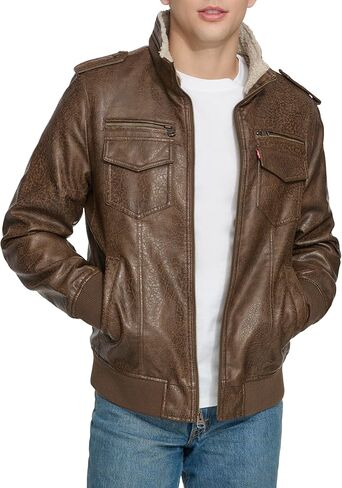 سترة Levi's للرجال من الجلد الصناعي Aviator Bomber (مقاسات عادية وكبيرة وطويلة)، مبطنة باللون الأسود/الشيربا in Kuwait