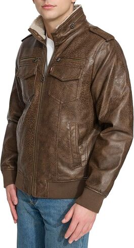 سترة Levi's للرجال من الجلد الصناعي Aviator Bomber (مقاسات عادية وكبيرة وطويلة)، مبطنة باللون الأسود/الشيربا in Kuwait