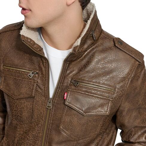 سترة Levi's للرجال من الجلد الصناعي Aviator Bomber (مقاسات عادية وكبيرة وطويلة)، مبطنة باللون الأسود/الشيربا in Kuwait