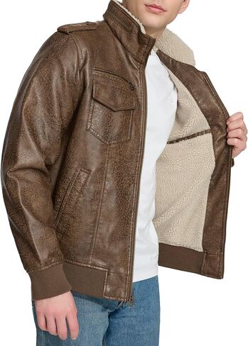 سترة Levi's للرجال من الجلد الصناعي Aviator Bomber (مقاسات عادية وكبيرة وطويلة)، مبطنة باللون الأسود/الشيربا in Kuwait