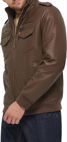 سترة Levi's للرجال من الجلد الصناعي Aviator Bomber (مقاسات عادية وكبيرة وطويلة)، مبطنة باللون الأسود/الشيربا in Kuwait