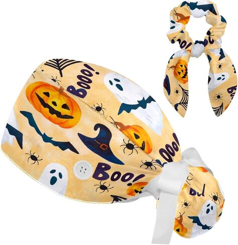 Scrub Caps Women Nursing Hats Halloween Skeleton Cat with Buttons Ponytail Working Adjustable Pouch Tie Back in Saudi Arabia