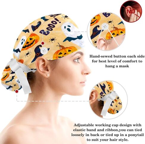 Scrub Caps Women Nursing Hats Halloween Skeleton Cat with Buttons Ponytail Working Adjustable Pouch Tie Back in Saudi Arabia