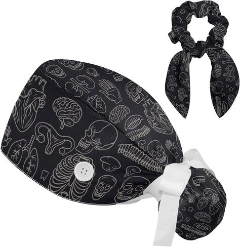 Scrub Caps Women Nursing Hats Halloween Skeleton Cat with Buttons Ponytail Working Adjustable Pouch Tie Back in Saudi Arabia