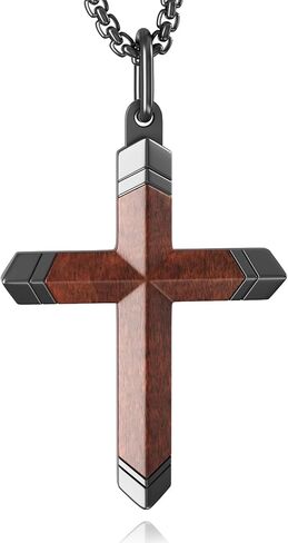 Wooden Cross Necklace for Men,Black Stainless Steel Christian Wood Crucifix Pendan,Natural Rosewood, ABCDFGHIJ in Saudi Arabia