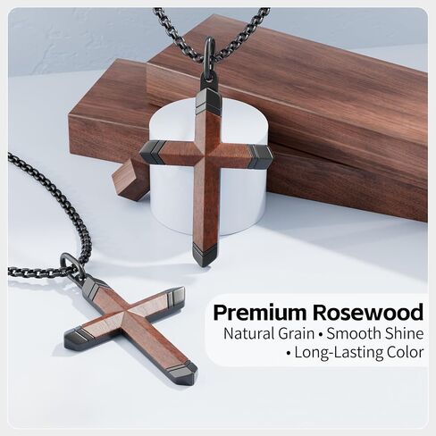 Wooden Cross Necklace for Men,Black Stainless Steel Christian Wood Crucifix Pendan,Natural Rosewood, ABCDFGHIJ in Saudi Arabia