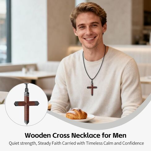 Wooden Cross Necklace for Men,Black Stainless Steel Christian Wood Crucifix Pendan,Natural Rosewood, ABCDFGHIJ in Saudi Arabia