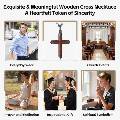 Wooden Cross Necklace for Men,Black Stainless Steel Christian Wood Crucifix Pendan,Natural Rosewood, ABCDFGHIJ in Saudi Arabia