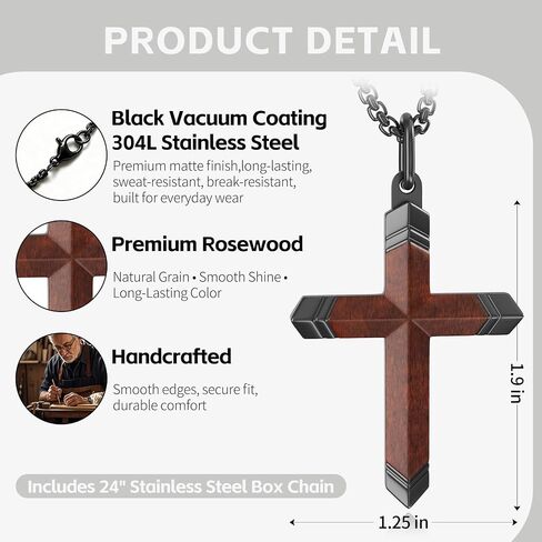 Wooden Cross Necklace for Men,Black Stainless Steel Christian Wood Crucifix Pendan,Natural Rosewood, ABCDFGHIJ in Saudi Arabia