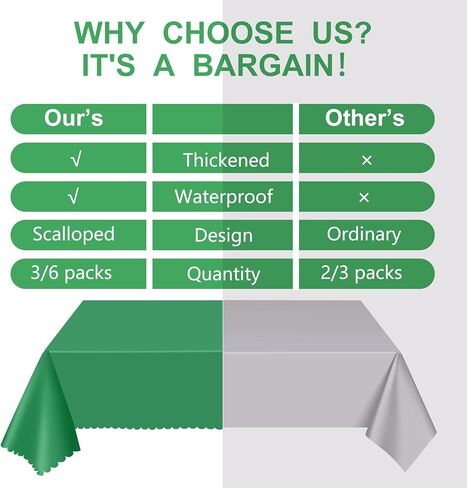 3 حزمة من البلاستيك المظلات الأخضر ، 54 × 108 بوصة قماشية قابلة للتصرف في الأسقلوب ، أغطية طاولات خضراء مقاومة للماء لدش الزفاف دش الطفل شاي حديقة عيد ميلاد حفلة in Kuwait
