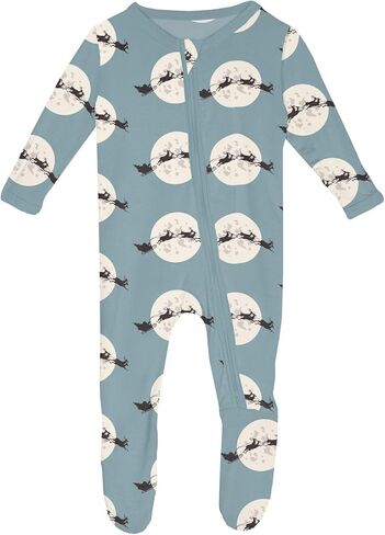 KicKee Print Footie with 2 Way Zipper, Fitted Long Sleeve Pajamas, Ultra Soft Everyday One-Piece Loungewear, Winter Celebration (Natural Ski Birds - 9-12 Months) in Saudi Arabia