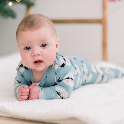 KicKee Print Footie with 2 Way Zipper, Fitted Long Sleeve Pajamas, Ultra Soft Everyday One-Piece Loungewear, Winter Celebration (Natural Ski Birds - 9-12 Months) in Saudi Arabia