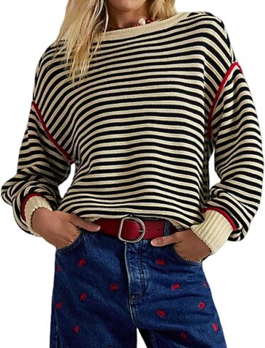 Women's Oversized Striped Sweater Long Sleeve Crew Neck 2025 Fall Pullover Sweater Tops in Saudi Arabia