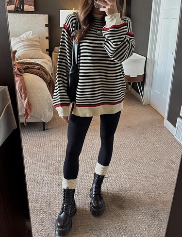 Women's Oversized Striped Sweater Long Sleeve Crew Neck 2025 Fall Pullover Sweater Tops in Saudi Arabia
