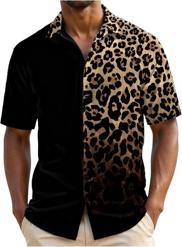 Men's Leopard Print Tops Button Down Short Sleeve Summer Cheetah Shirts Casual Trendy Top in Saudi Arabia