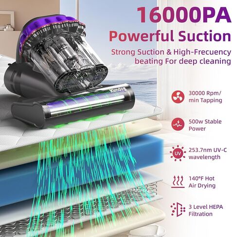 فراغ مرتبة اللاسلكي ، فراغ سرير 16 كيلو باسكال مع ضوء 253.7nm UV-C ، مرشح HEPA والتكنولوجيا بالموجات فوق الصوتية ، فراغ محمول محمول للأريكة والأريكة والحيوانات الأليفة in Kuwait