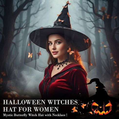 Erythem Witch Hat for Women, Witches Hat with Butterfly Witch Costume Accessories for Adult Halloween Party in Kuwait