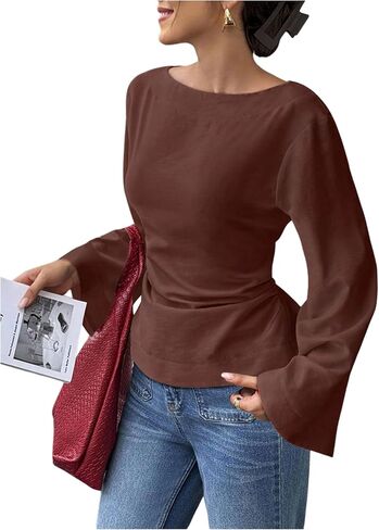 SHENHE Women's Dressy Casual Blouse Boat Neck Bell Long Sleeve Going Out Top Shirt in Saudi Arabia