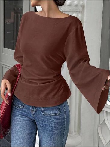 SHENHE Women's Dressy Casual Blouse Boat Neck Bell Long Sleeve Going Out Top Shirt in Saudi Arabia