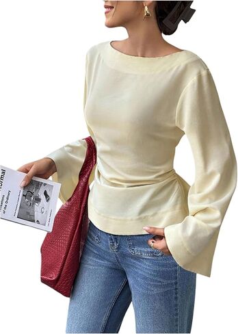 SHENHE Women's Dressy Casual Blouse Boat Neck Bell Long Sleeve Going Out Top Shirt in Saudi Arabia