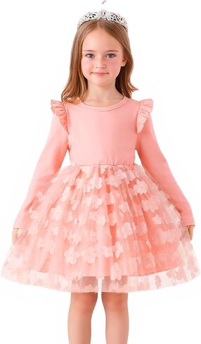 Cute Toddler Girl Princess Tulle Dress Long Sleeve Cotton Sundress Little Girls' Party Dresses,Size 2-9 Y in Saudi Arabia