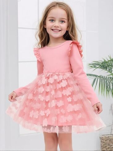 Cute Toddler Girl Princess Tulle Dress Long Sleeve Cotton Sundress Little Girls' Party Dresses,Size 2-9 Y in Saudi Arabia