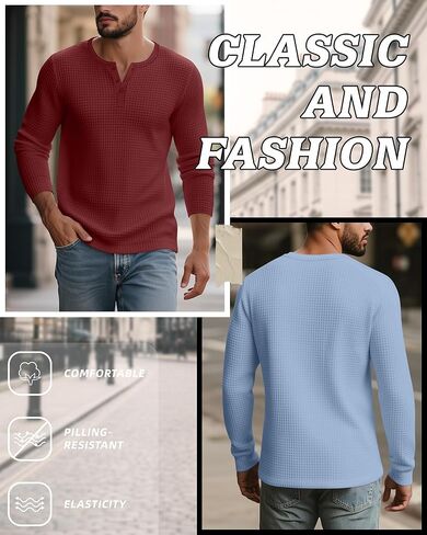 3 قطع من قمصان Waffle Henley للرجال، قمصان قطنية بأكمام طويلة وأزرار، تي شيرتات كاجوال خفيفة الوزن ومتماسكة in Kuwait