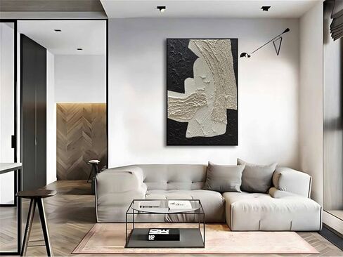 zoinart لوحة فنية جدارية مزخرفة باللونين الأبيض والأسود، لوحة تجريدية على القماش، مقاس 24 × 36 بوصة، جدار عمل فني معاصر بسيط، ديكور حائط حديث مؤطر in Kuwait