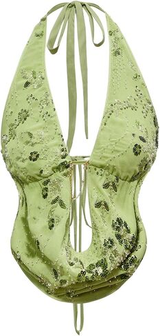 Verdusa Women's Cheetah Print Sequin Top Y2K Tie Back Corset Halter Going Out Crop Tops Coffee Brown Large in Saudi Arabia