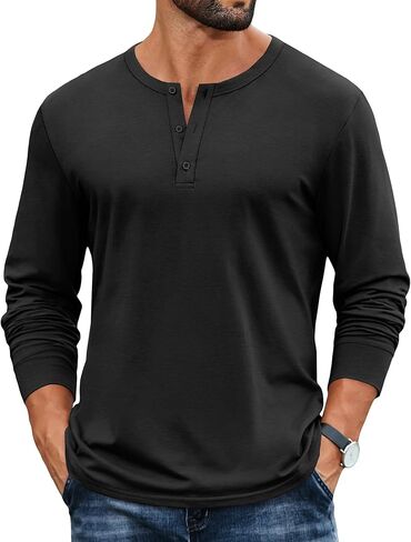 قمصان رجالي من COOFANDY من Henley مصنوعة من القطن بأكمام طويلة ورقبة على شكل حرف V وأزرار أساسية كاجوال سادة in Saudi Arabia