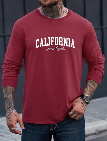 تيشيرت رجالي برسوم جرافيك كاجوال بطباعة سويت شيرت قابل للتمدد وأكمام طويلة وياقة دائرية (S-XXL) in Kuwait