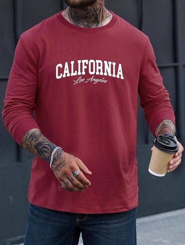 تيشيرت رجالي برسوم جرافيك كاجوال بطباعة سويت شيرت قابل للتمدد وأكمام طويلة وياقة دائرية (S-XXL) in Kuwait