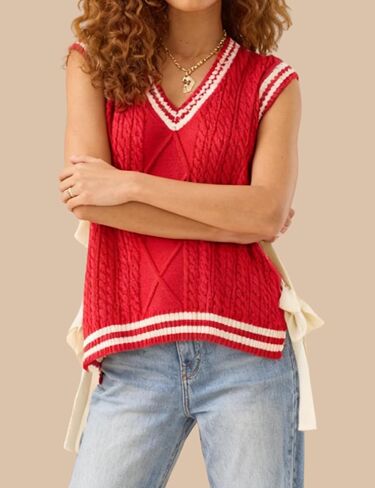 InterNos Women's Striped Cable Sweater Vest V Neck Sleeveless Casual Knit Pullover Top with Side Bow Ties in Kuwait