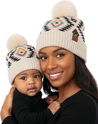 Funky Junque Mommy & Me Matching Single Pom Pom Beanies Set - Adult & Infant (2 Pack) in Saudi Arabia
