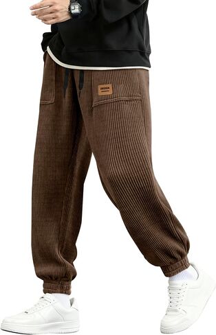 PLEPAN Mens Corduroy Pants Casual Joggers Drawstring Elastic Waist Tapered Sweatpants with Pockets in Kuwait